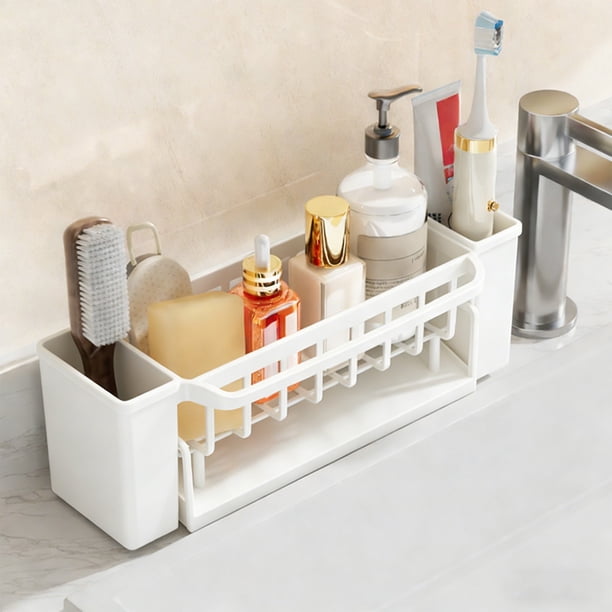 Organizador multifuncional para fregadero de cocina | Soporte para esponjas y trapos de cocina con orificios de drenaje | Estante de plástico para esponjas, cepillos y jabón | Blanco, negro o gris