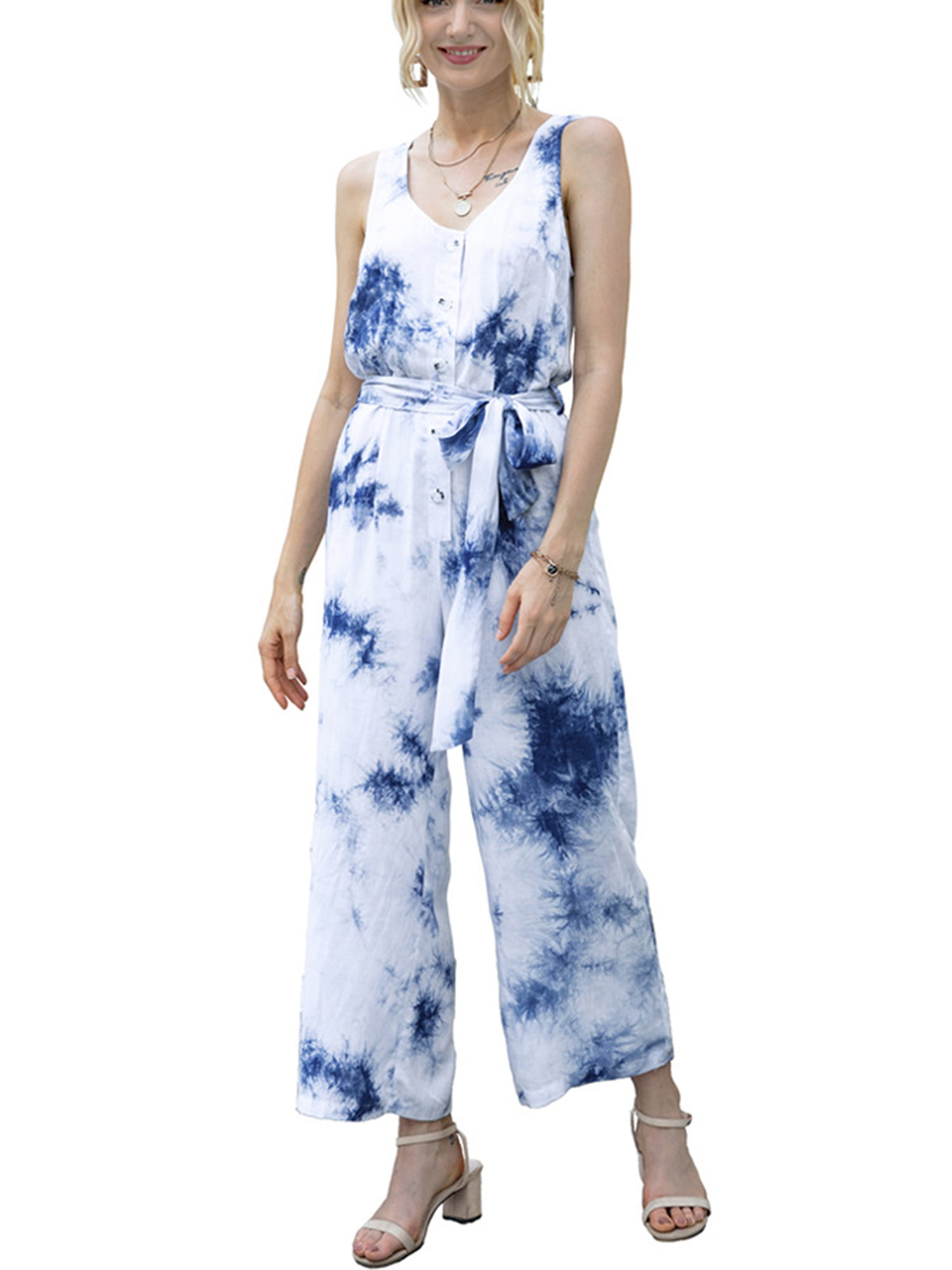 Summer Jumpsuits,Women Casual Floral Striped Long Rompers Backless Loose Wide Leg Pants Outfit