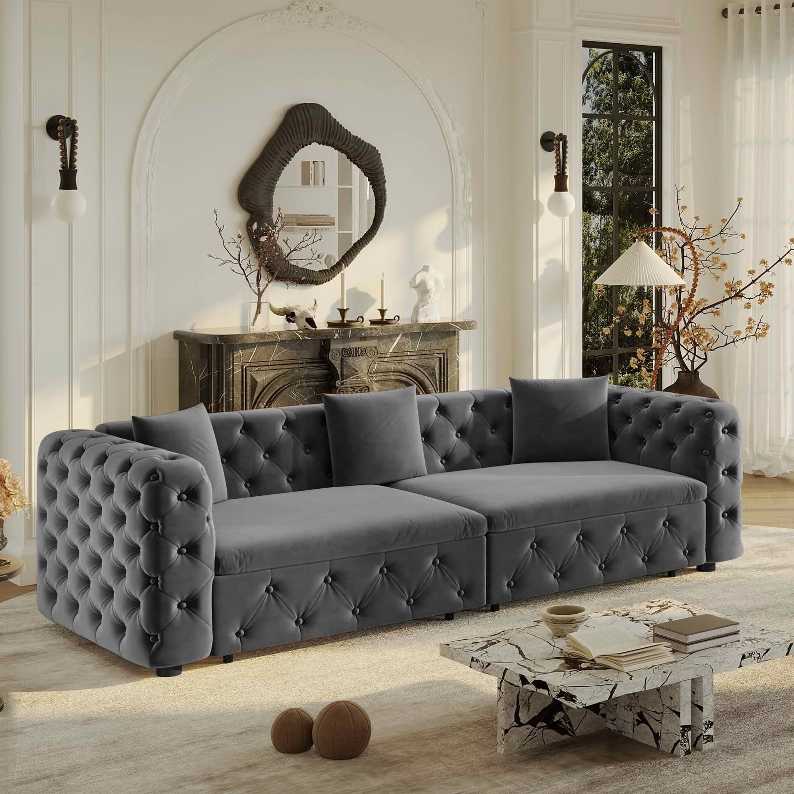 MAYEERTY 89" 4‑Seater 3‑in‑1 Pull‑Out Velvet Sofa Bed, Classic Tufted Multifunctional Couch with 3 Throw Pillows for Apartment & Living Room