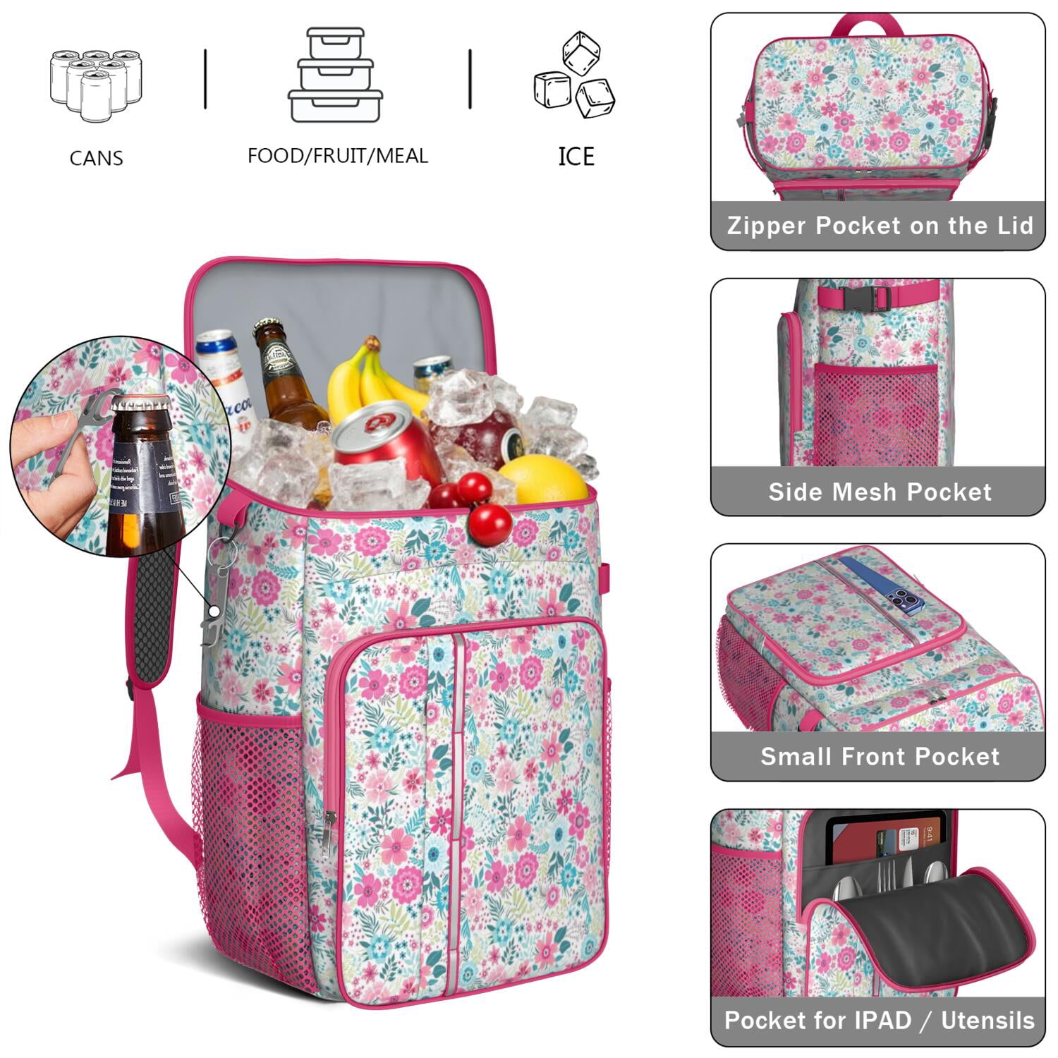 Travel Cooler Bag - Pioneer Flower Camping Beer Cooler Backpack with Bottle Opener- Waterproof Insulated Picnic Backpacks - Cooler Bag for Beach