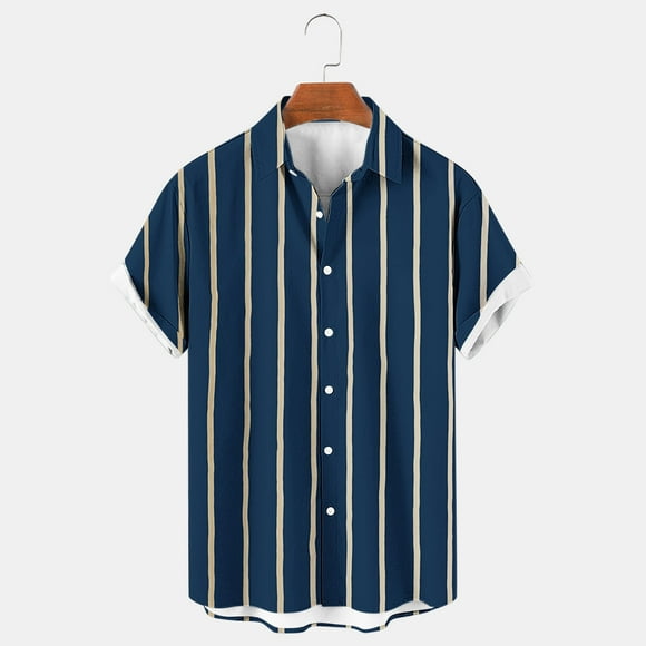 lcziwo Men Bowling Shirt,Men's Vintage Bowling Shirt Short Sleeve Button Down Hawaiian Summer Beach Stripes Print Casual Shirts 2024,Navy L
