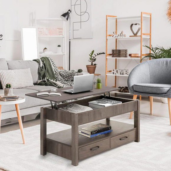 QRInnovations 2 Drawer Lift Top Coffee Table with Hidden Compartment and Storage Shelves, Gray