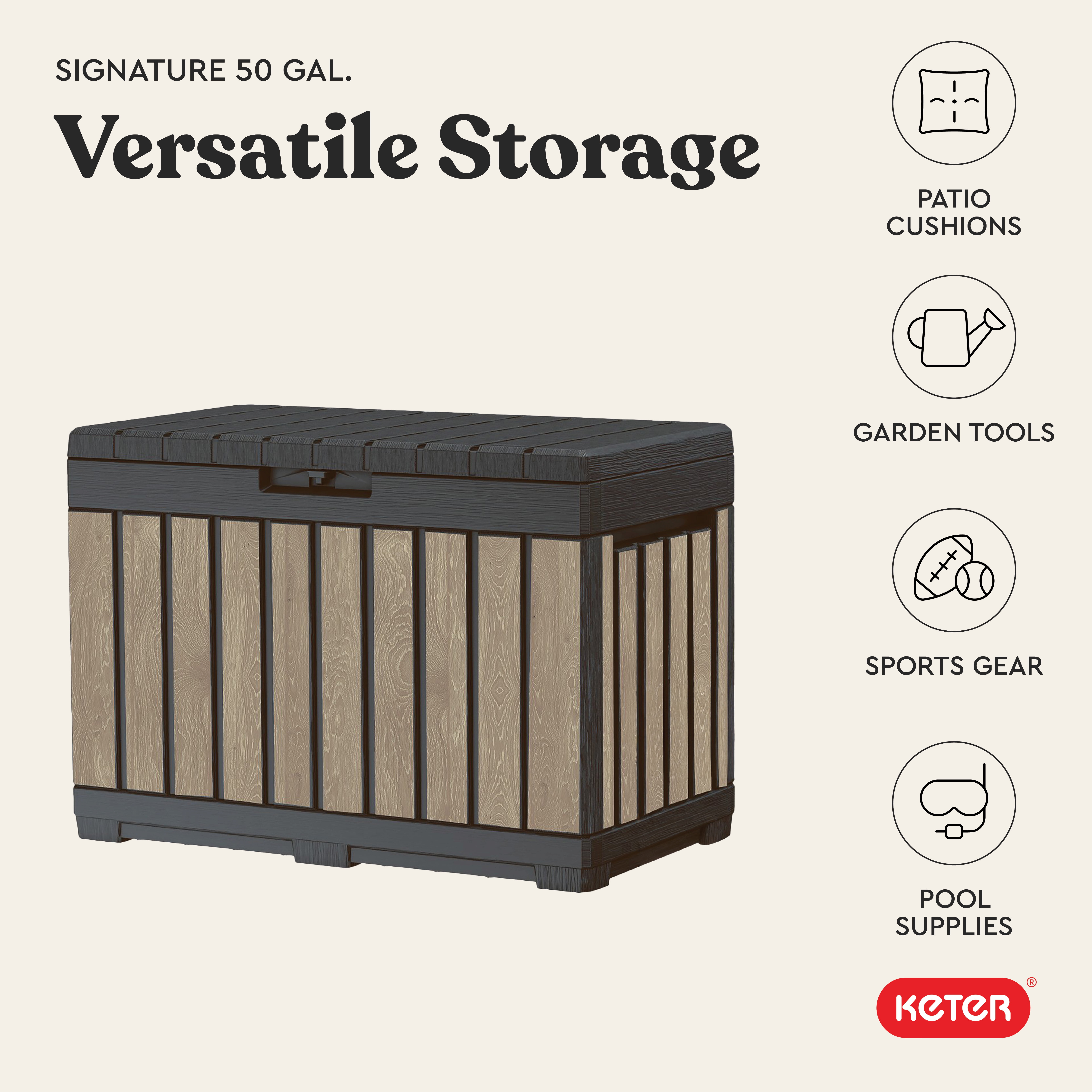 Keter Kentwood 50 Gallon Resin Deck Box-Organization and Storage for Patio Cushions, Throw Pillows and Garden Tools, Ashwood