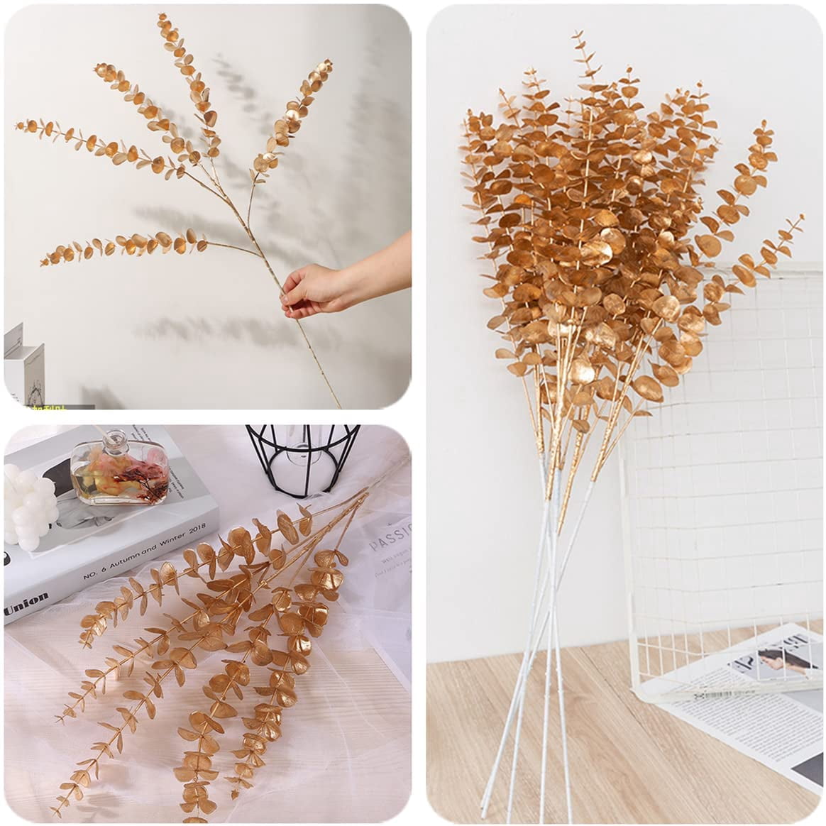 Artificial Plants for Christmas, Plastic Grass Faux Shrubs Fake Leaves Simulation Bushes Home Indoor Outdoor Garden Wedding Festival Decoration Hall Office Table Planter Filler – Gold 2 Pack