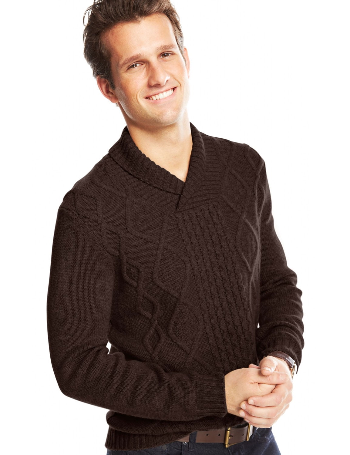 Club Room Mens Cable Knit Sweater Medium Shawl Collar Brown Walmart