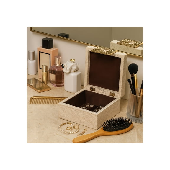 Decorative Box for Home Decor with Lid - Ideal Jewelry Box for Keepsakes or Shelf Accent - Modern Decorative Storage Box and Home Organizer for Living Room, Bedroom, & Office Decor - 4" Tan