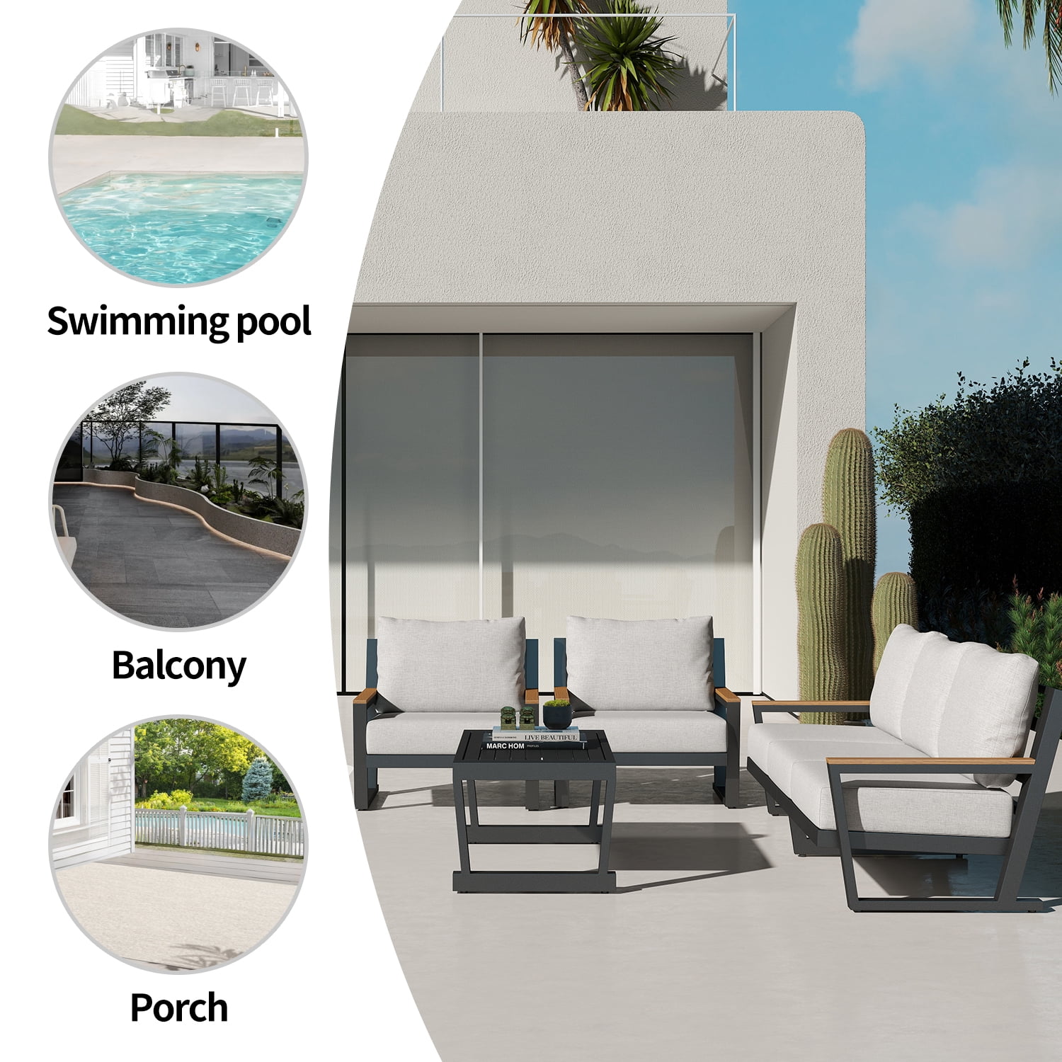 Aluminum Outdoor Sofa,5 Seats Modern Patio Furniture Set,Sectional Sofa Conversation Set with Coffee Table, Upgraded Washable Cushions for Garden Backyard,Grey