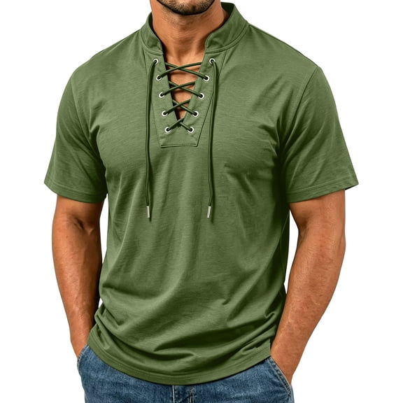 LODIENY Short Sleeve Shirts for Men Retro Style Lace up Tops Medieval Viking Hippie Halloween Cosplay Pirate Renaissance Costume Army Green L