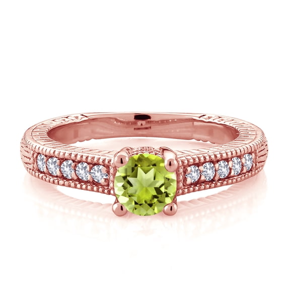 Gem Stone King 18K Rose Gold Plated Silver Green Peridot and White Created Sapphire Women's Solitaire Ring with Accent Stones (0.70 Cttw, Round Shape 5MM, Size 9)