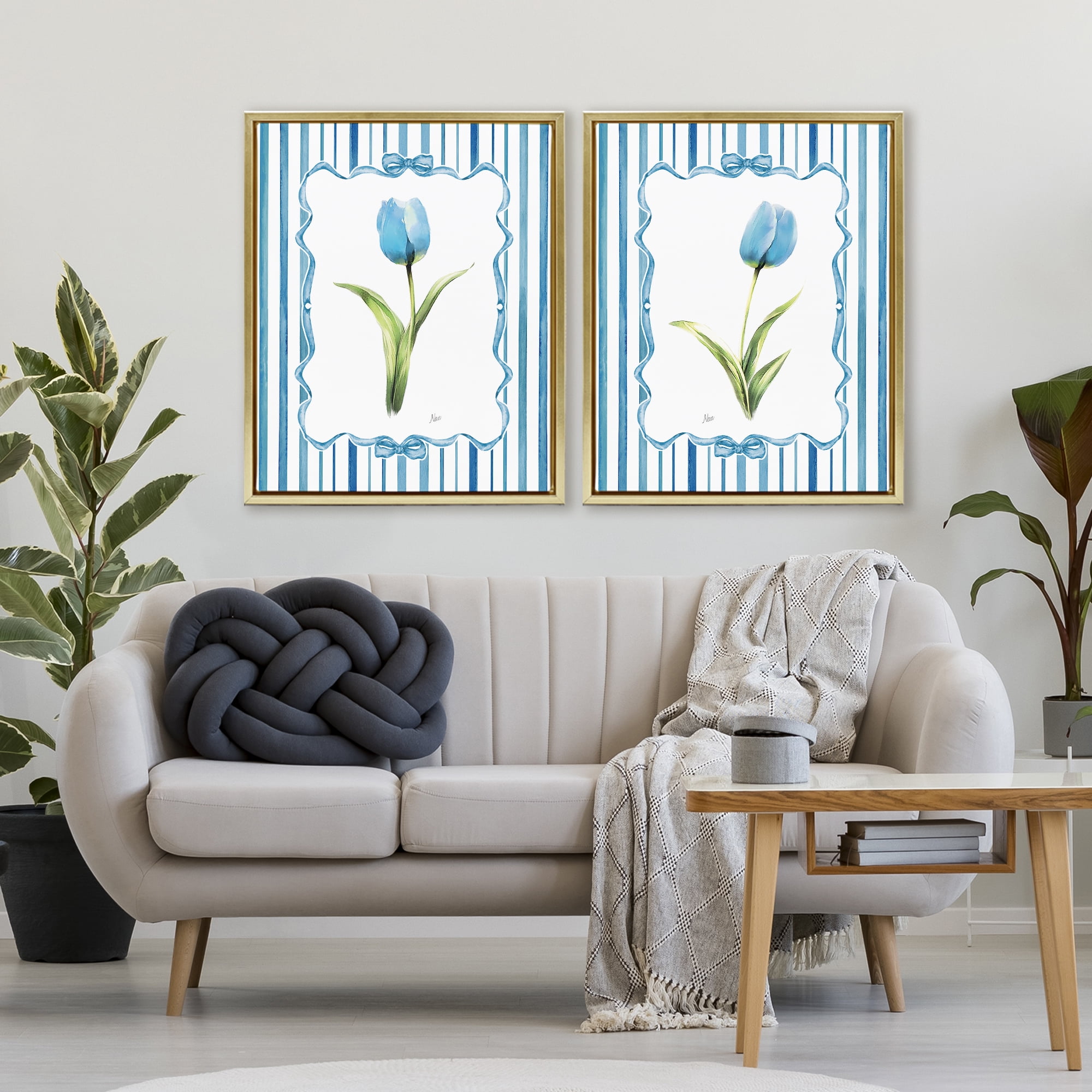 Stupell Industries Blue Tulips with Feminine Ribbon 2 Piece Gold Framed Floater Canvas Set, design by Nan