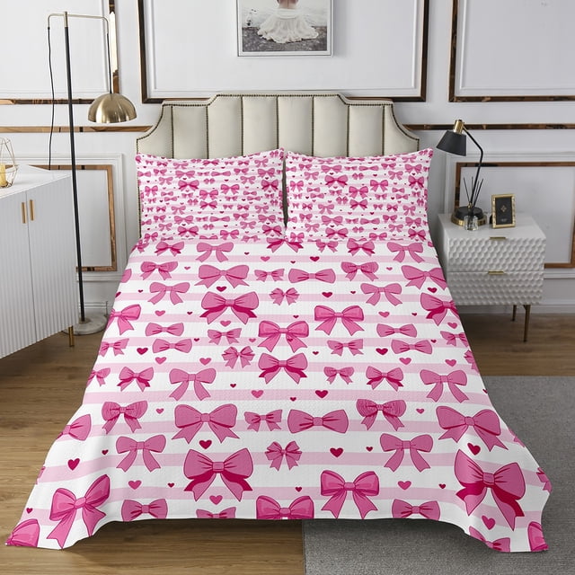 Ensemble de Literie Nœud Rose Simple, Couvre-Lit Rayures Géométriques Roses, Couvre-Lit Style Princesse pour Enfants Filles Femmes, Ensemble de Couvre-Lit Nœud Papillon Dessin Animé (1 Couvre-Lit + 1 Taie d'Oreiller)