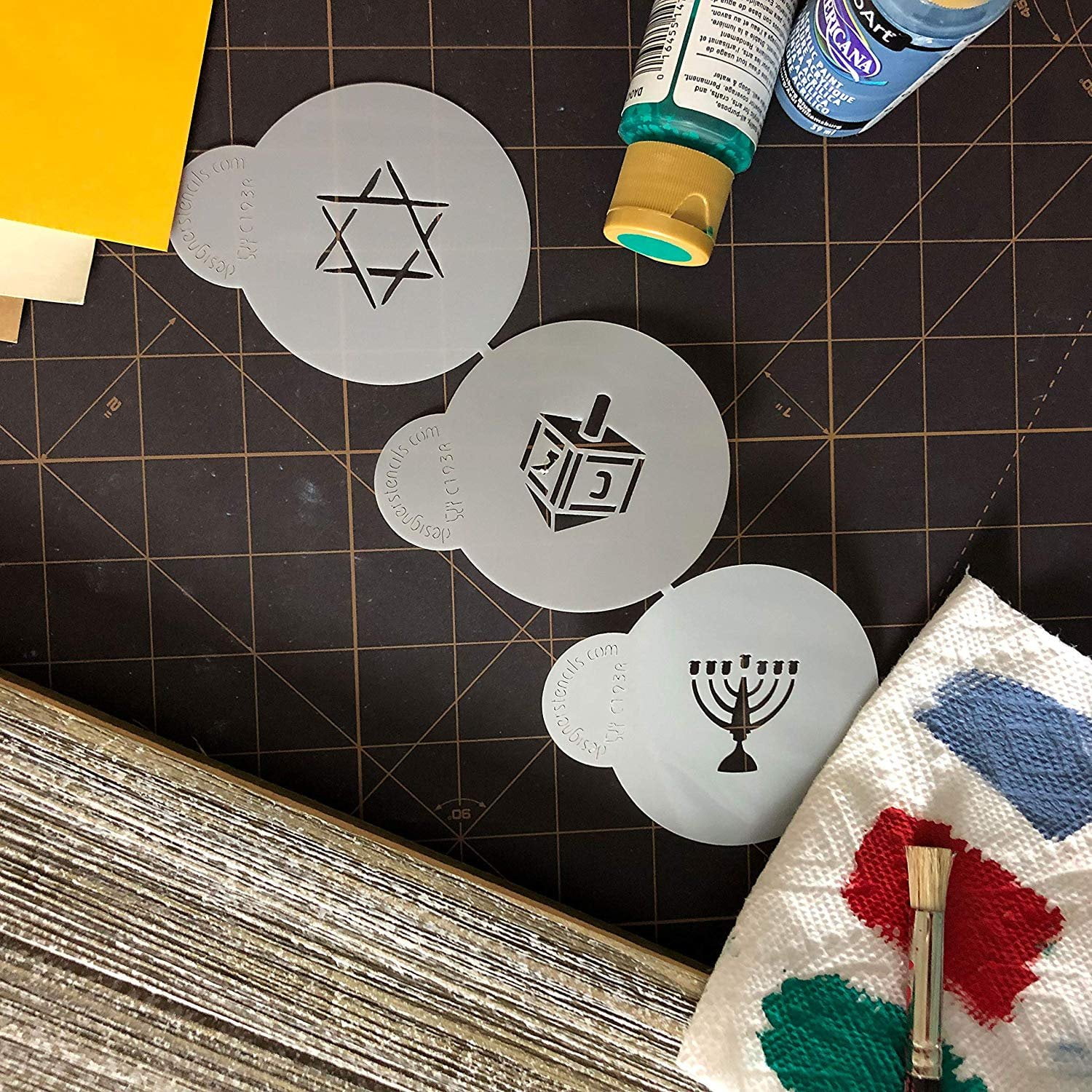 Dreidel, Star of David, Menorah Beige/semi-transparent Designer Stencils C183 Jewish Symbols Cookie and Cupcake Stencils 