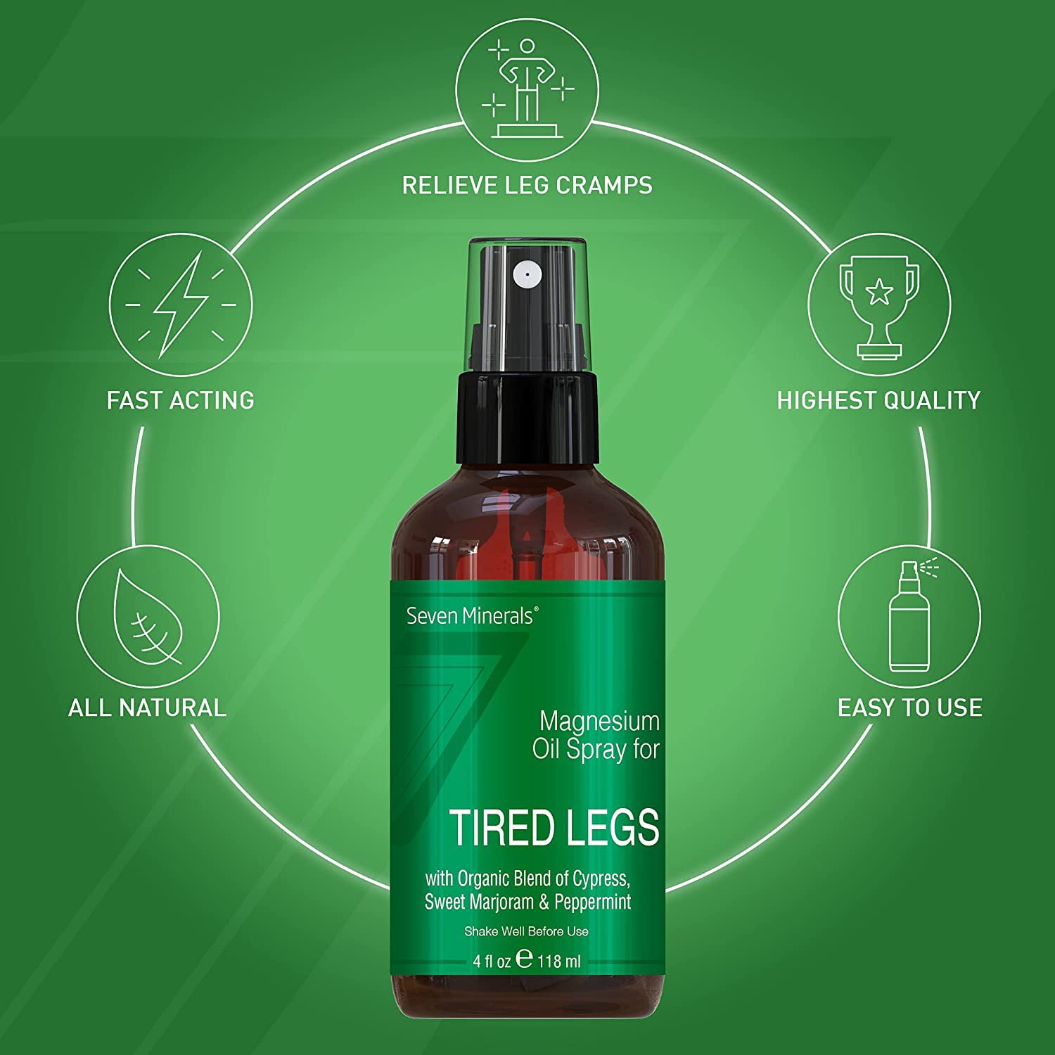 Magnesium Oil Spray for Leg Cramps - with Organic Essential Oils by Seven Minerals 4 Fl oz