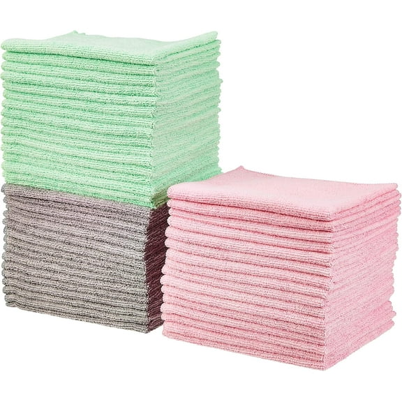 Microfiber Cleaning Cloths, Ultra Soft and Absorbent, Free from Streaks/Lint/Scratch for Cars, 16" x 12", Green/Gray/Pink, Pack of 48