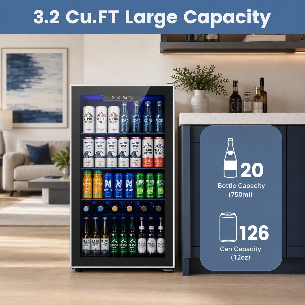 Auseo 126 Can Beverage Refrigerator and Cooler with Glass Door for Home/Office/Bar,19.29 in D, 30.79 in H,Black