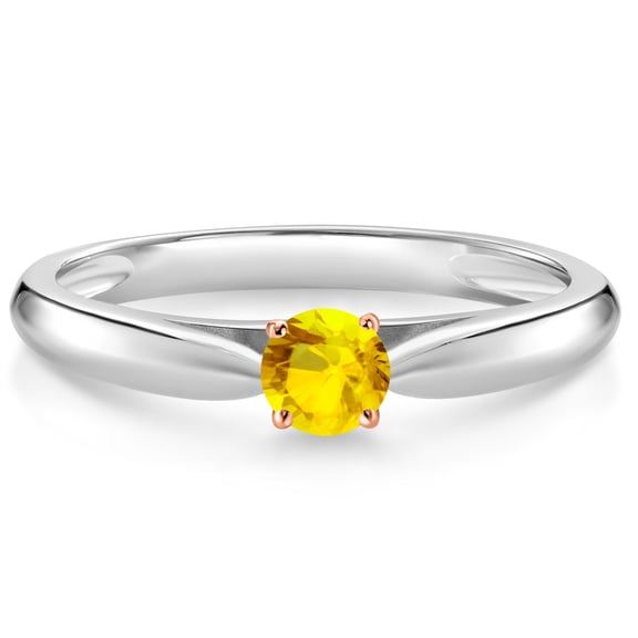Gem Stone King 10K White and Rose Gold Yellow Sapphire Solitaire Engagement Ring for Women (0.16 Cttw, Gemstone September Birthstone, Round 3.5MM, Size 6)