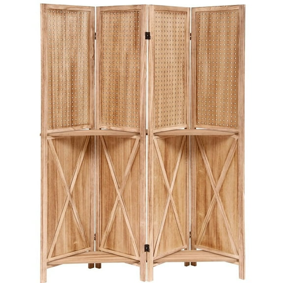 4-Panel Wooden Room Divider with Shelves & Holes - 67 Inch Tall Privacy Screen, Freestanding Folding Partition for Home Office, Bedroom,Apartments