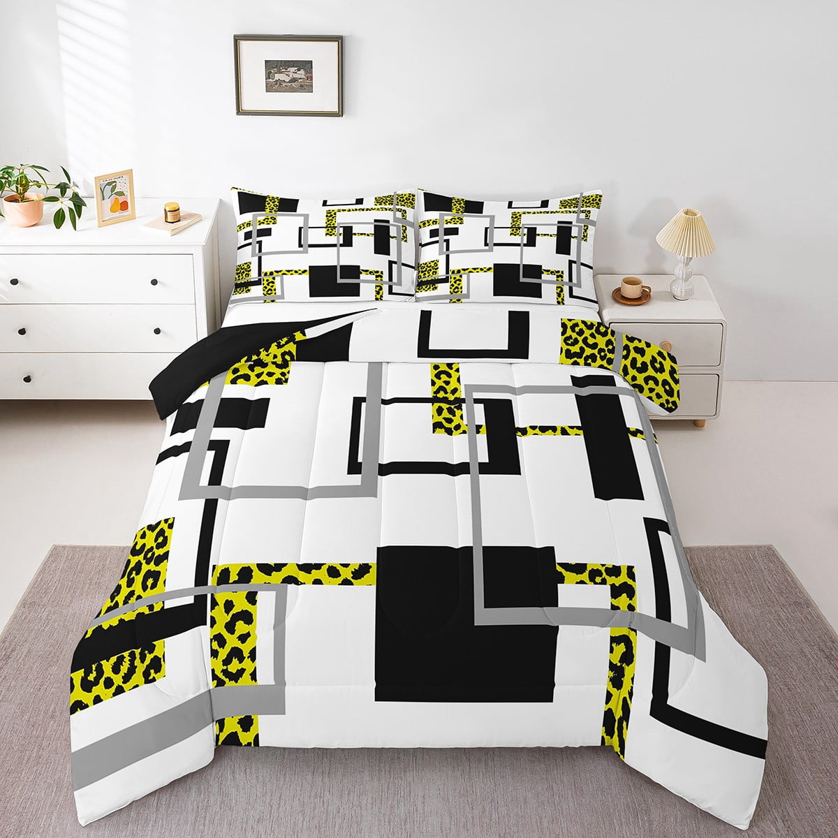YST Black White Striped Comforter Twin,Gold Leopard Pattern Bedding,Geometric Bedding Comforter Sets,Modern Square Reversible Quilt with 1 Pillowcase Bedroom Decor