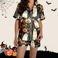 thumbnail image 4 of Halloween Pajamas Women 2 Piece Set Ghost Print Graphic Thin Relaxed Fit Button Short Sleeve Shirts and Shorts Soft Cute Pjs Beige S, 4 of 7