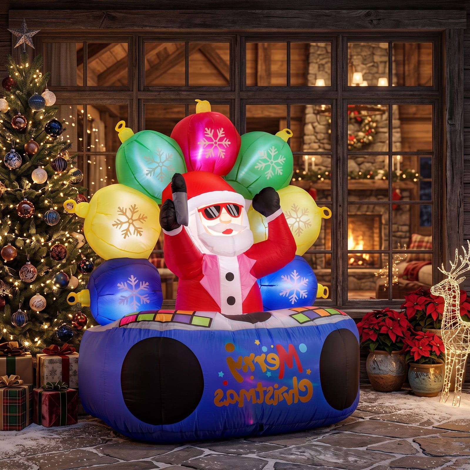 RUIE 6 FT Inflatable DJ Santa Claus with Rotating Music Light and Flashing RGB LEDs, Blow Up Christmas Yard Decoration for Outdoor Lawn Garden Holiday, Multi-Color