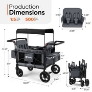 Sekey 4 Seater Stroller Wagon for Kids,Adjustable Push Handles, Removable Canopy, Snack Tray & Cooler