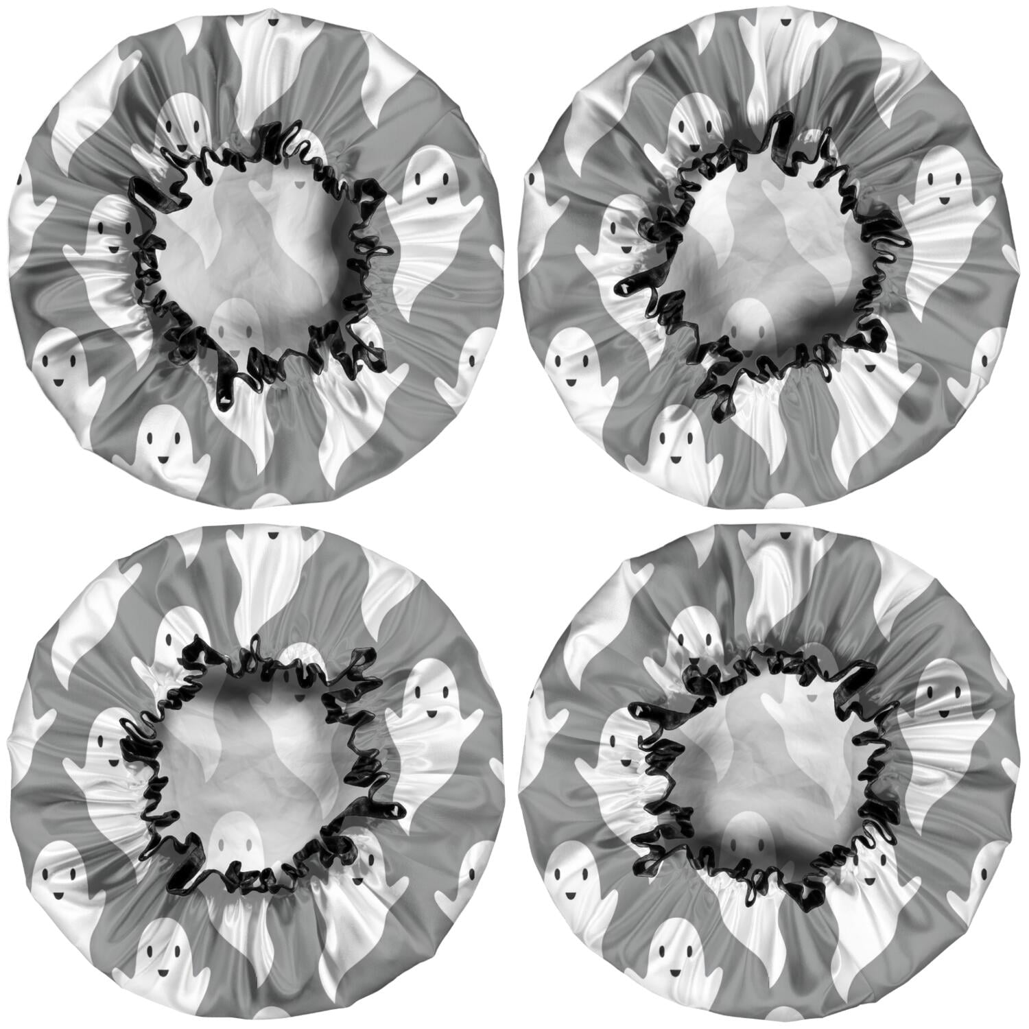 Shower Caps,Gray Halloween White Ghosts Waterproof Shower Cap for Women 4 Pieces,Double Reusable Hair Cover for Shower PEVA Elastic Stretch Hem