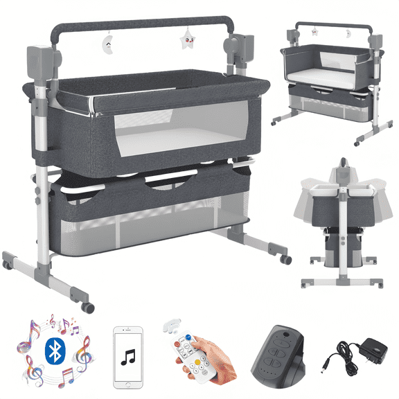 EaseBaby Electric Baby Bassinet & Bedside Sleeper,Poldable Baby Crib with Bluetooth music and 3-Level Height Adjustment,Unisex,GREY