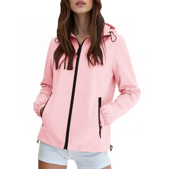 Fiaer,Loose Fit Full Zip Softshell Jackets for Women,Womens Oversized Lightweight Windbreaker Tops with Hooded,Women's Packable Drawstring Outerwears with Pockets Pink L