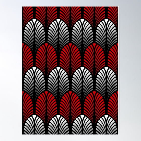 Art Deco Feather Pattern, Silver Gray And Red Poster Wall Art, Modern Wall Decor For Living Room Bedroom, 8x12 UNFRAMED
