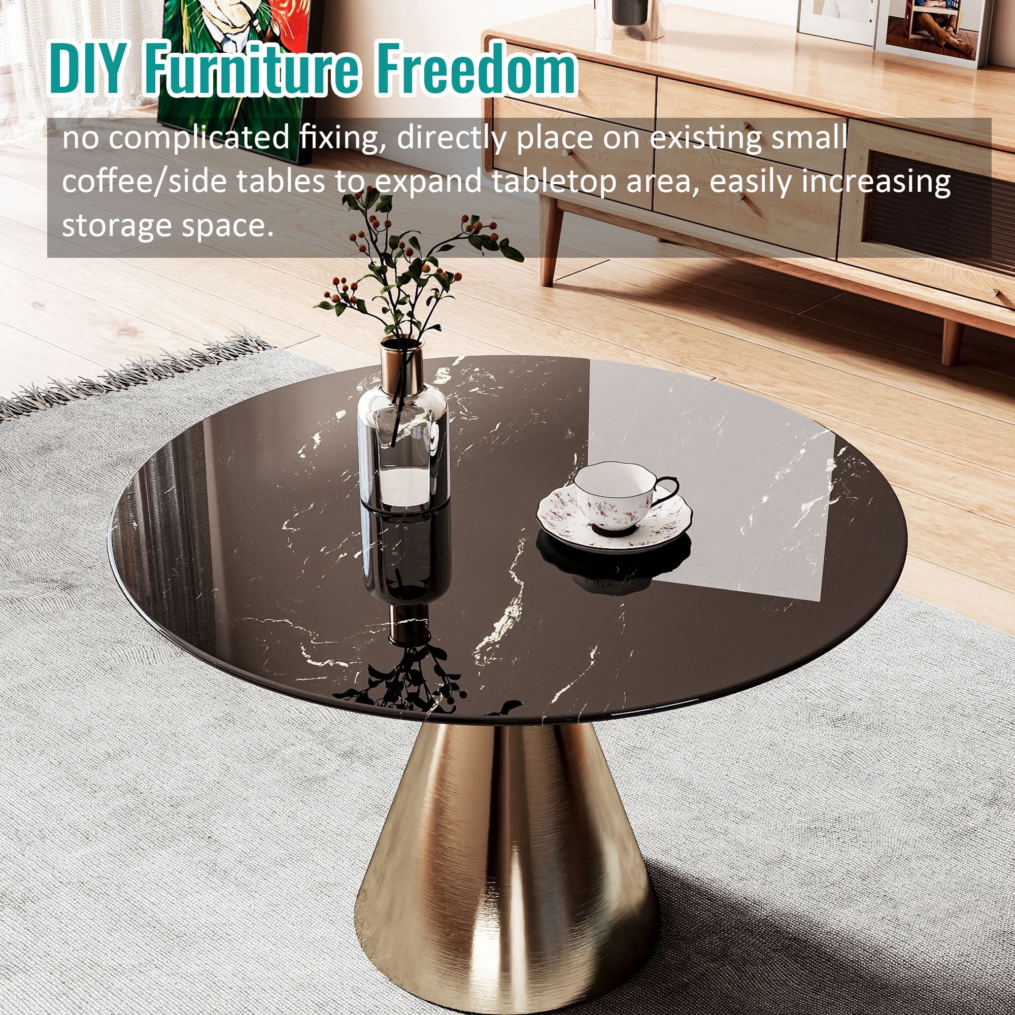 MAYEERTY 30in Round Tempered Glass Table Top, 0.31in Thick Black Gold Vein Marble Print DIY Replacement Table Cover, Heat Scratch Proof Desktop for Small Side Coffee Patio Bistro Table