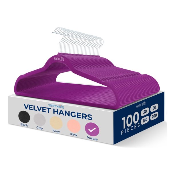 Ganchos de Terciopelo Premium Serenelife, Ahorradores de Espacio, Resistentes, con Gancho Metálico Giratorio de 360°, para Trajes, Pantalones y Vestidos, Morado, Pack 100