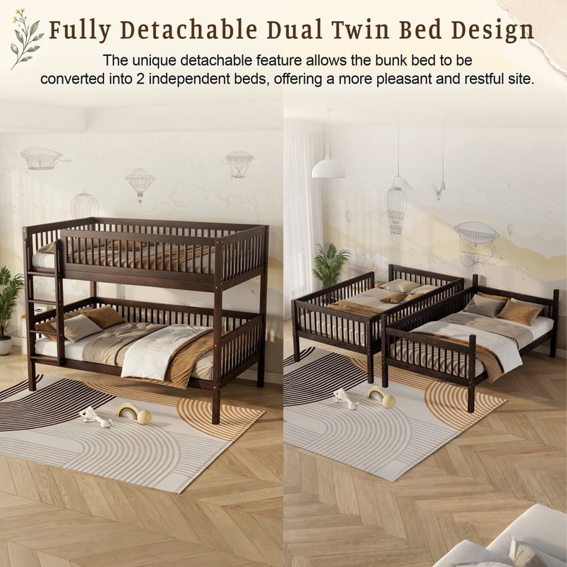 Twin-Over-Twin Size Convertible Kids Bunk Bed into 2 Platform Beds, Teens Wood Bed Frame with Ladder and Safety Guardrails