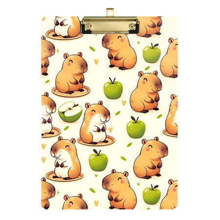 Plastic Clipboard Acrylic Hanging Clip Board with Gold Low Profile Office School Supplies 12.5x9 Capybara with Apple