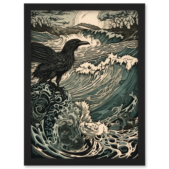 Oeuvre d'Art Encadrée de Paysage Côtier au Lever du Soleil avec Corbeau et Vagues Qui s'Écrasent, Impression d'Art Mural A4