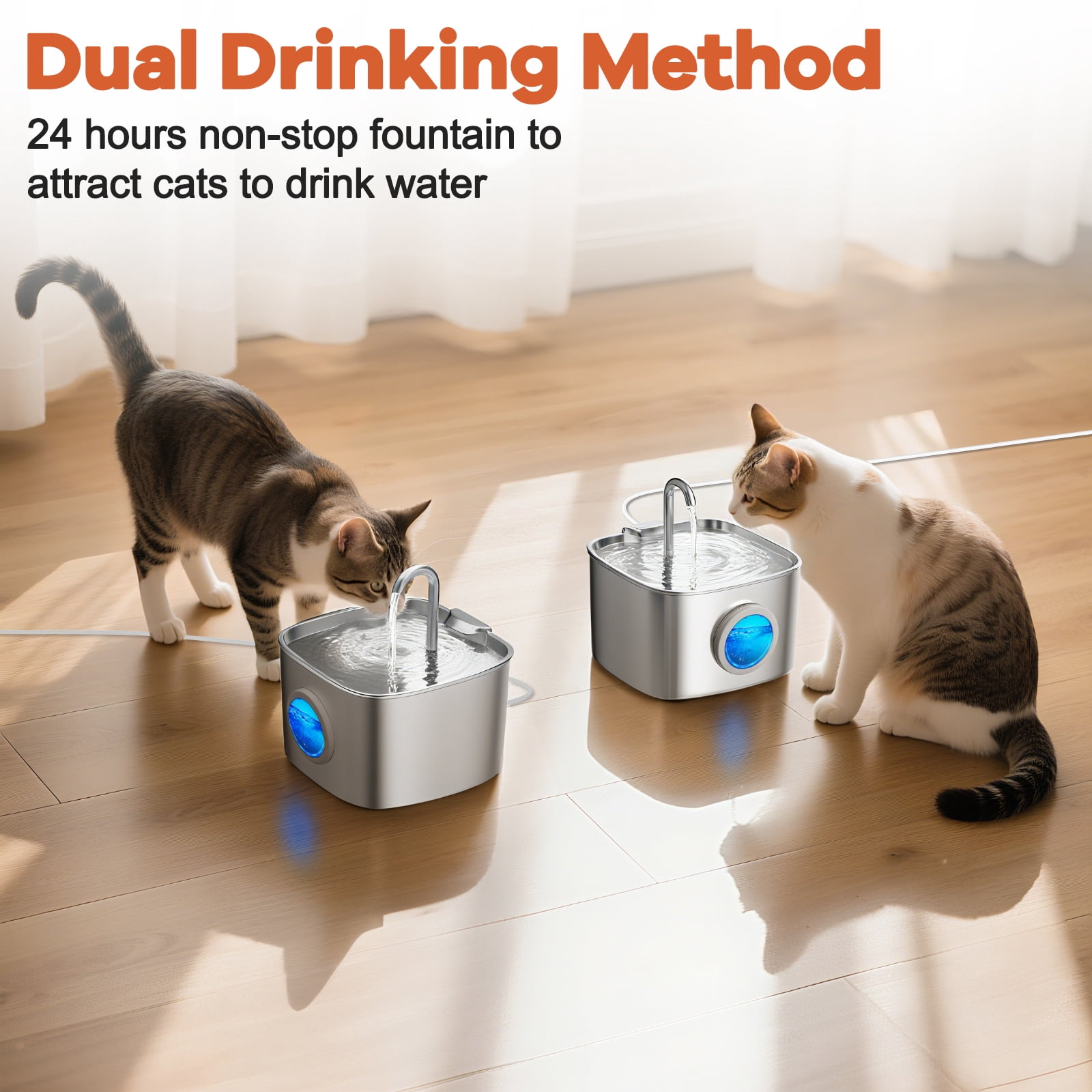 Cat Water Fountain Stainless Steel, YUWENUS 78oz/2.2L Pet Fountain with Water Level Window Automatic Water Dispenser with 4 Replacement Filters for Cats, Dogs