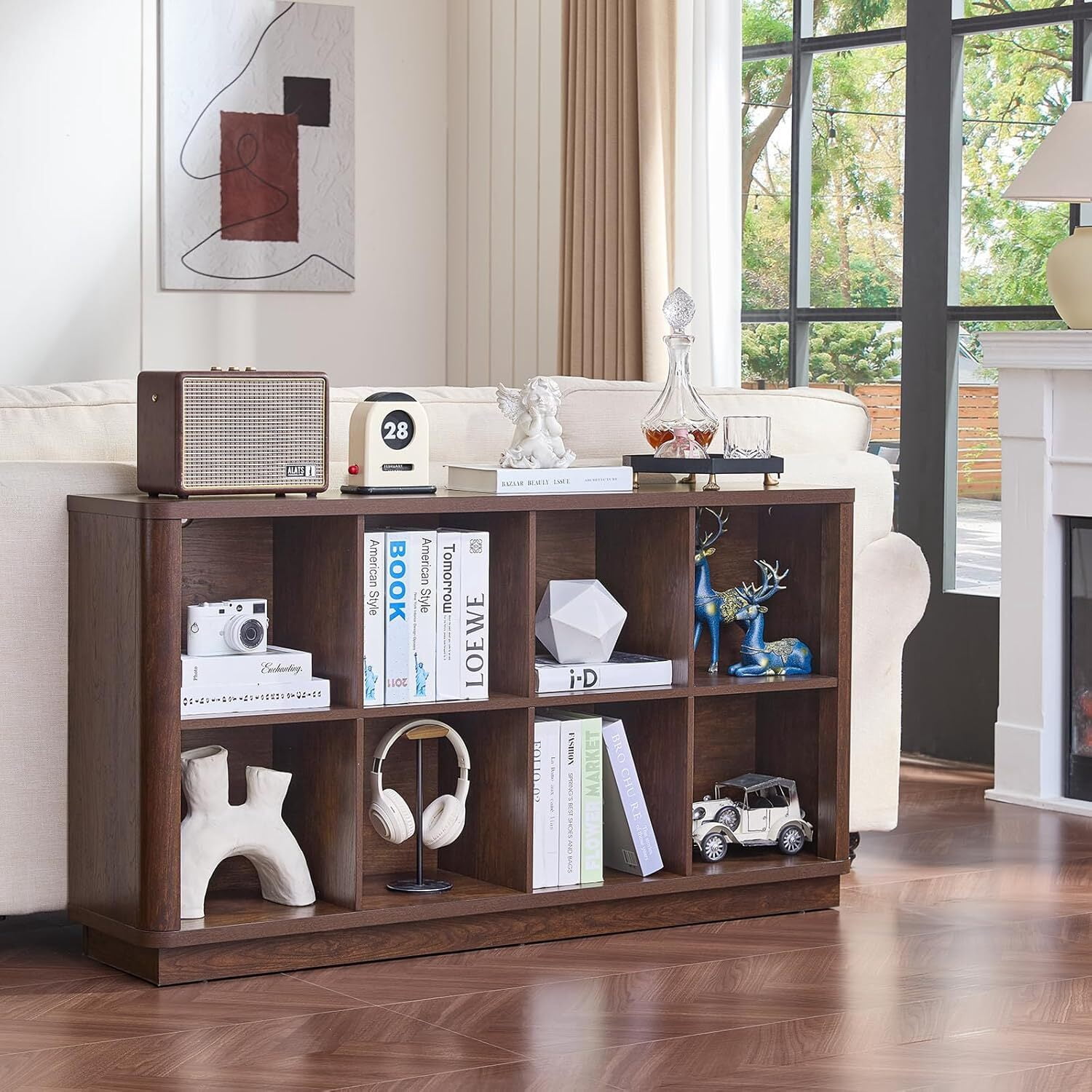 Joaxswe 52" Wood Horizontal 8-Cube Bookshelf, Farmhouse Long Bookcase, Low Wide Shelf for Under Window, Walnut, Office, Bedroom, Living Room