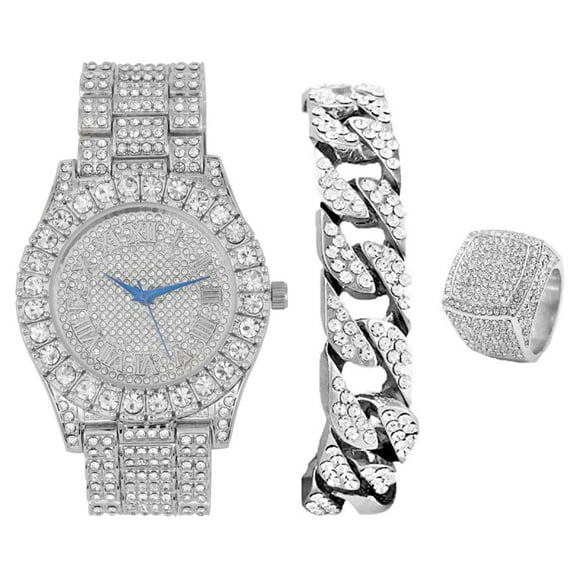 Charles Raymond Mens Big Rocks Bezel - Dial with Roman Numerals Fully Iced Out Watch w/Cuban Chain Bracelet & Ring - ST10327SET3PC (10,Silver)