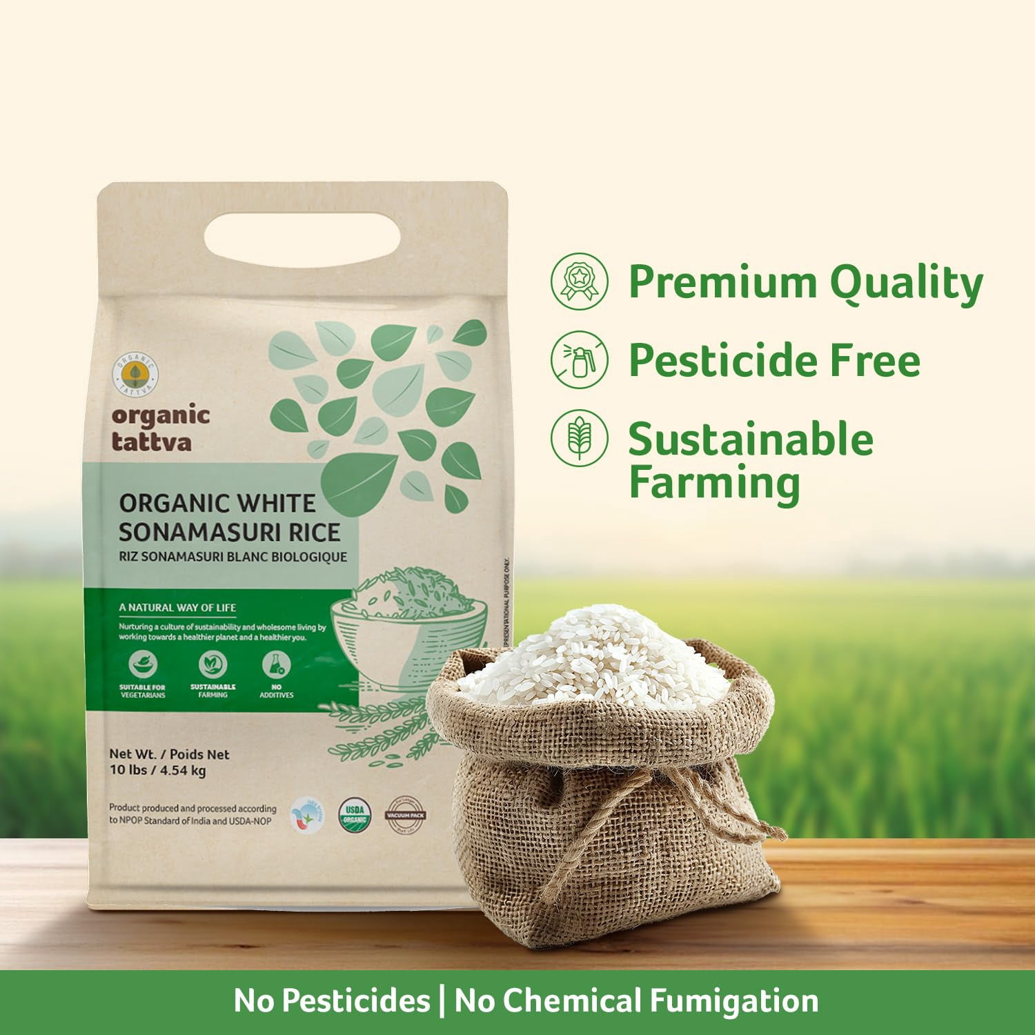 Organic Tattva White Medium Grain Rice 10LB, Lightweight & Naturally Aromatic Sonamasuri Rice, Vegan, Kosher, Non GMO, No Additives, Gluten Free, USDA Certified