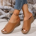 thumbnail image 4 of HomeDM Women's Wedge Platform Sandals Open Peep Toe Slip-On Casual Summer Beach Vacations Slide Sandals, Brown Size 8.5, 4 of 9