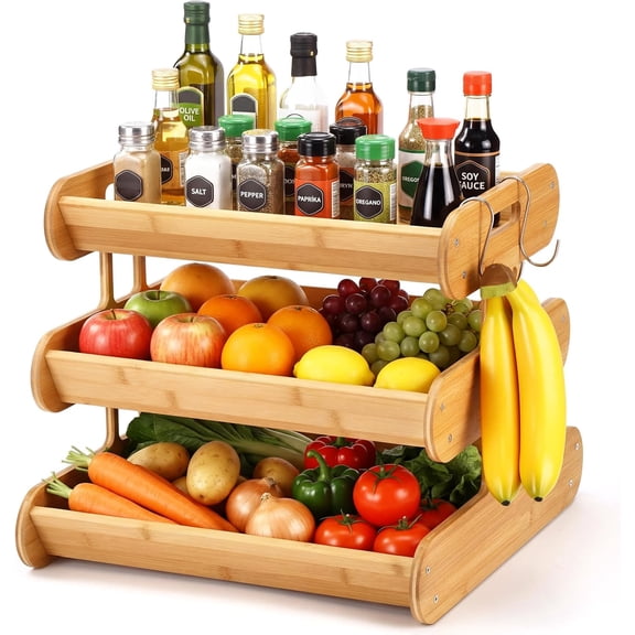 3 Tier Fruit Basket for Kitchen Counter, 16.5 inch Stackable Bamboo Fruit Bowl with Banana Hangers Holder Vegetable Storage for Onion Potato Vegetable Bread Snack Large Kitchen Organizer