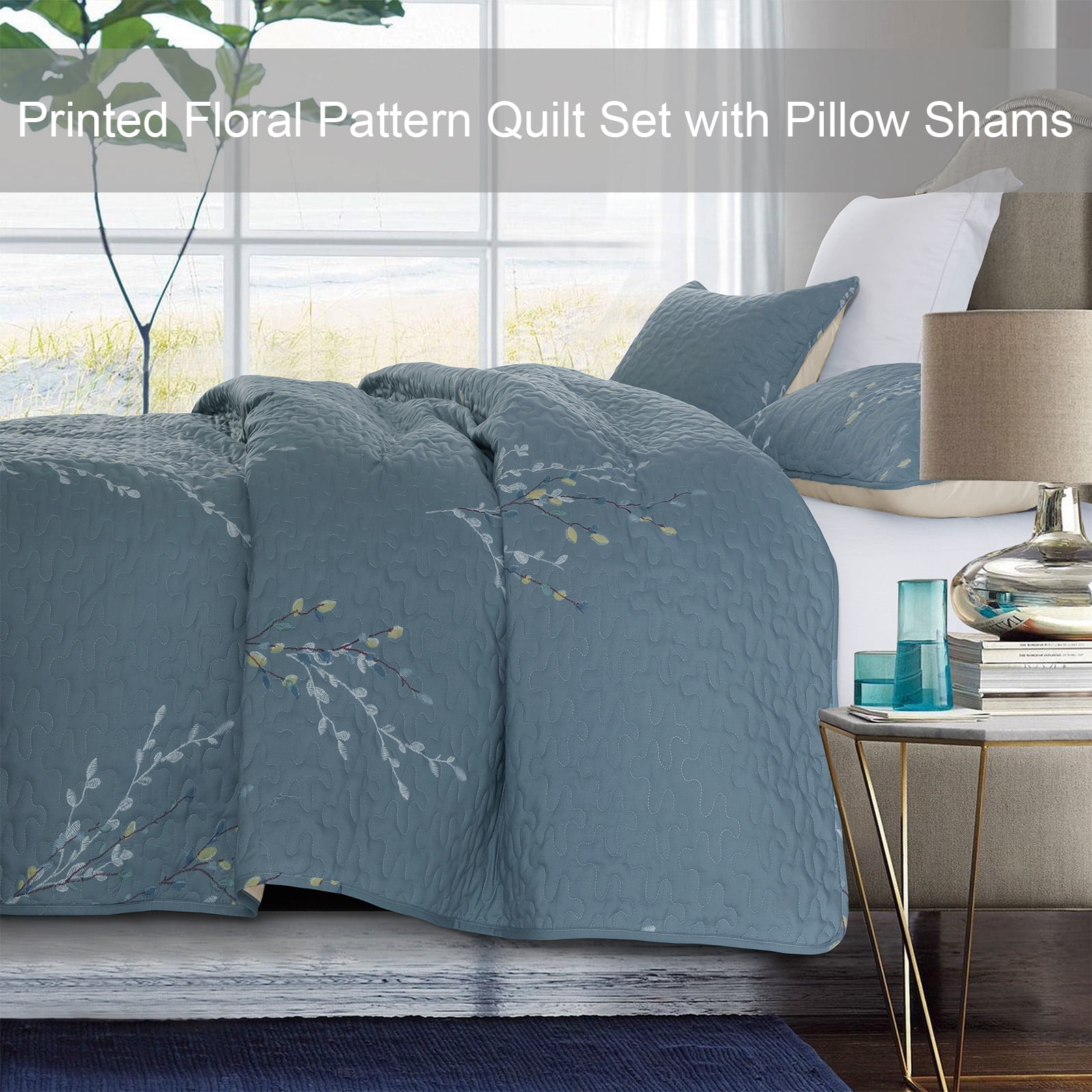 Exclusivo Mezcla Microfiber Queen Size Quilt Set, 3 Pieces Lightweight Bedspreads/ Coverlet/ Bedding Set with 2 Pillow Shams, Floral Branches Pattern (96"x 92", Blue)