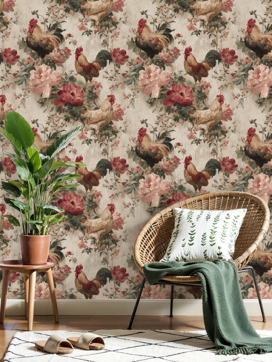 Peel and Stick Wallpaper 17.7in x 9.8ft Vintage Rooster Floral Soft Rustic Country Farmhouse Contact Paper Vinyl Waterproof Self Adhesive Wall Paper for Bedroom Shelf Cabinet Renter Friendly