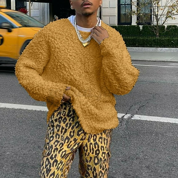 fartey Mens Sherpa Sweater Crew Neck Solid Fleece Top Long Sleeve Casual Fall and Winter Warm Pullover Sweater