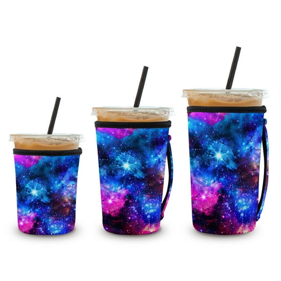 WIRESTER 3pcs Set Cup Sleeves for Cold Beverages Ice Coffee, Reusable Neoprene Insulated Sleeves with Handle Slip Resistants Bottle Cover - Celestial Blue Purple Galaxy