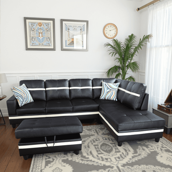 MAYEERTY 103.5" Modern Semi PU Leather 3-Piece Couch Set Black White Bold Contrast Modern Living Room