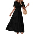 thumbnail image 3 of Women'S Summer Casual Short Flutter Sleeve Round Neck Smocked Waist Tiered Boho Floral Flowy Maxi Dress Black L, 3 of 9