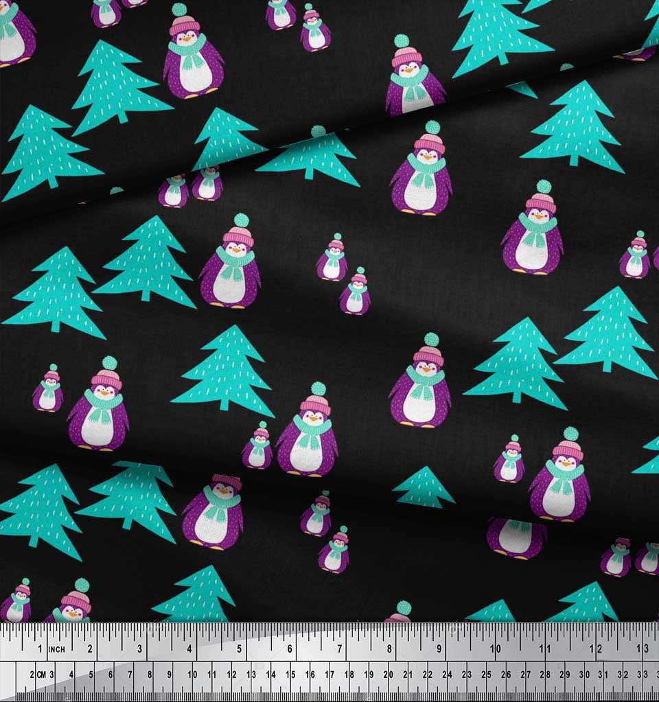 Soimoi Black Heavy Satin Fabric Snowman & Tree Christmas Print Sewing Fabric Yard 54 Inch Wide