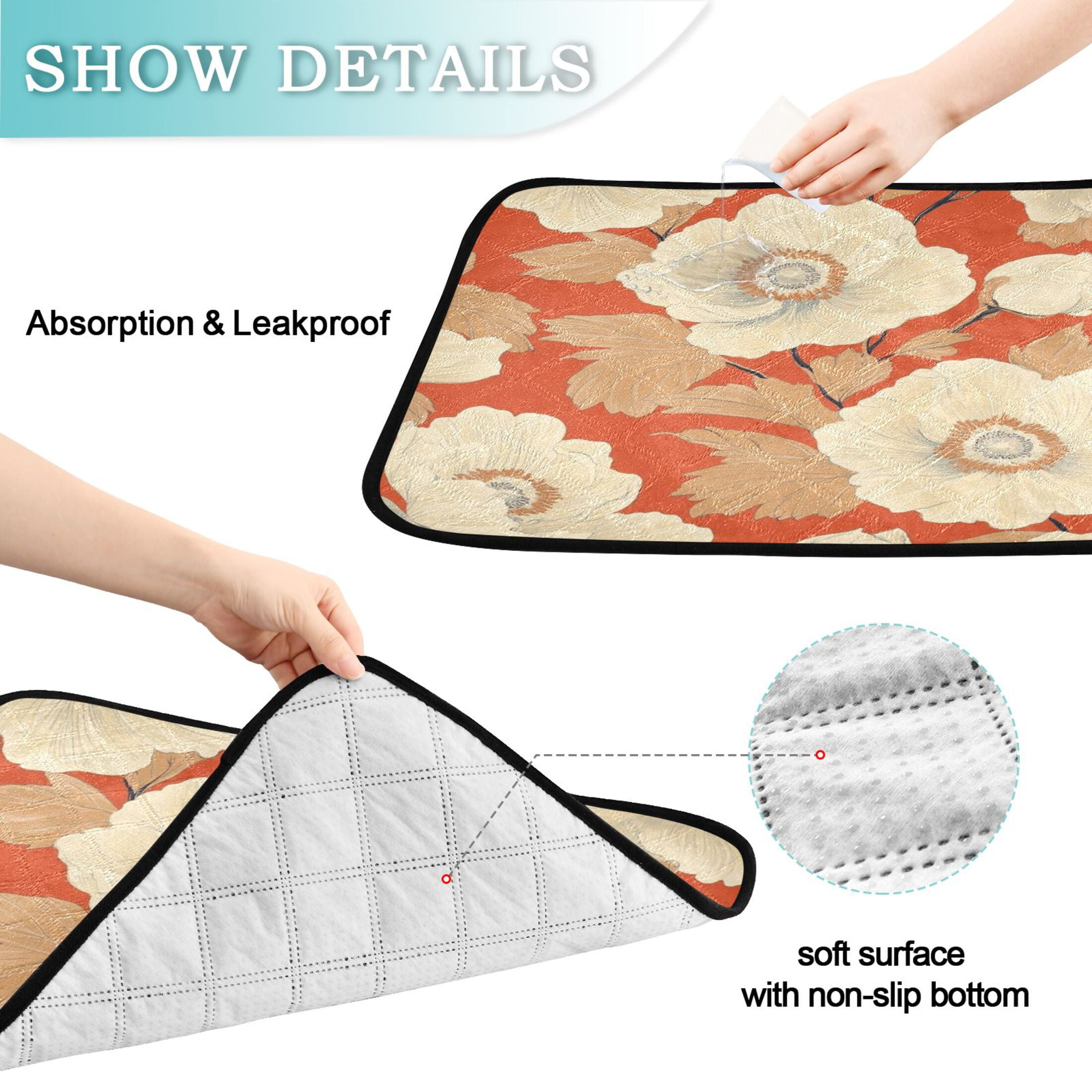 Qxltty White Flowers Orange Pattern Cat litter Pads Pet Set of 3 Diaper Mats Center Anti-leakage Layer Absorbent Soft and Comfortable