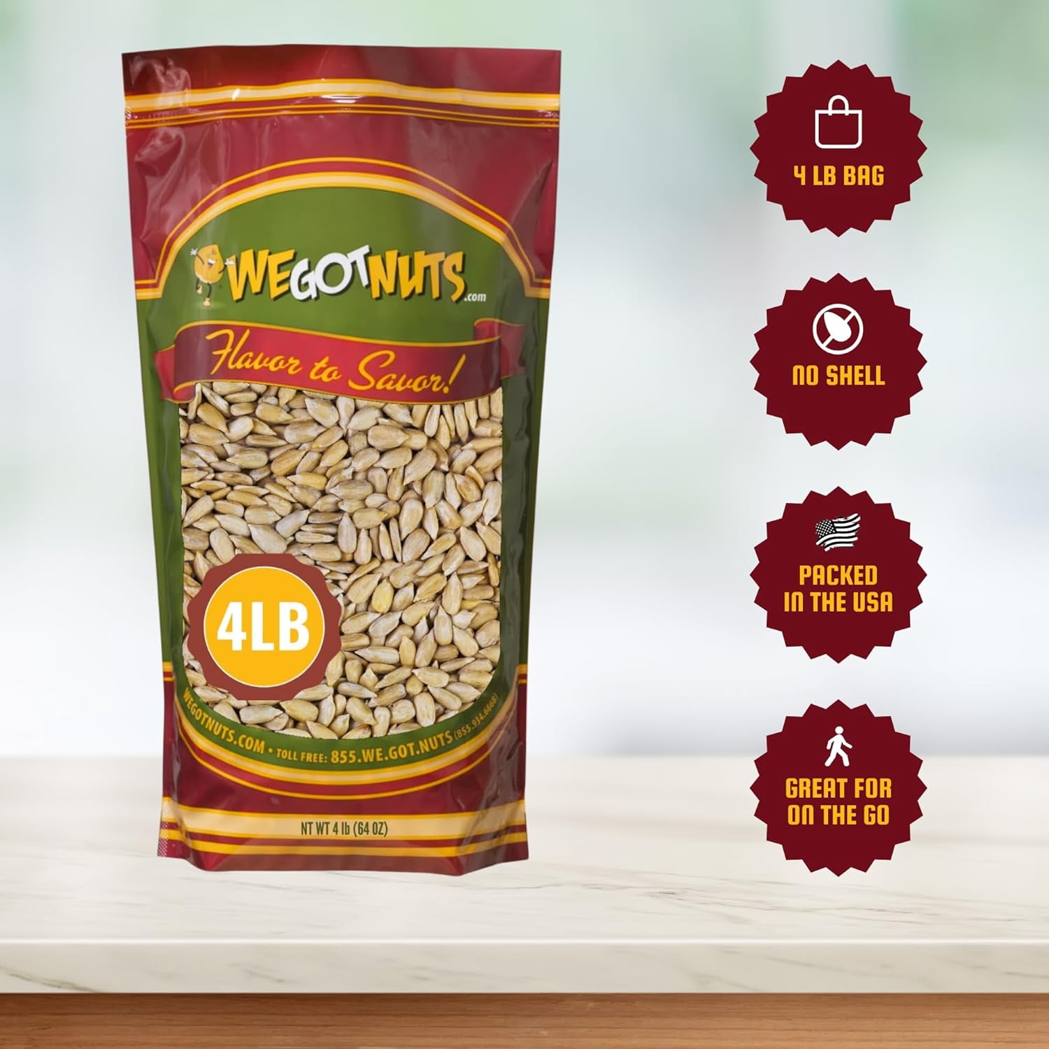 We Got Nuts Roasted Sunflower Seeds, Unsalted and Unshelled Seeds in Resealable Pouch, Kosher, 4 lb, 64 oz