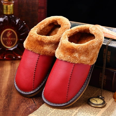 Winter Warm Fuzzy Cow Leather House Slippers for Women Fleece Lined ...